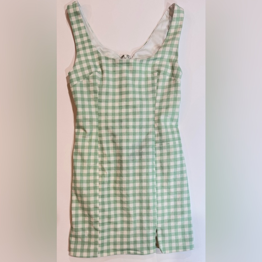 Green Gingham Mini Dress Cottagecore Square Neck Front Slit Small - Picture 3 of 8